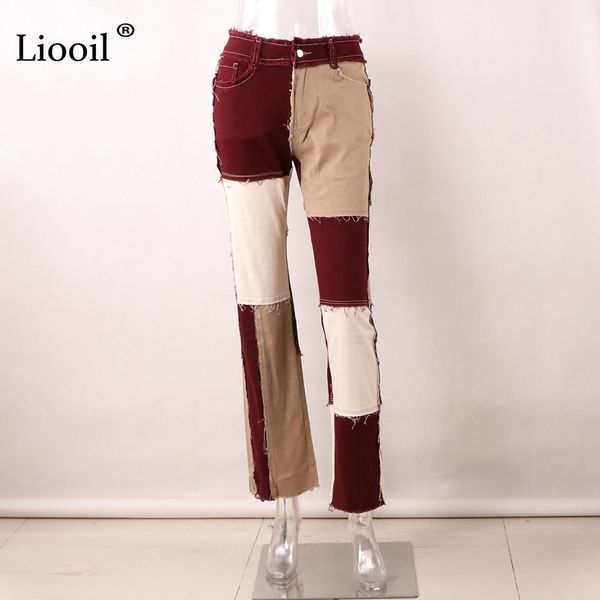 

2011liooil patchwork skinny straight leg boyfriend jeans woman high waist denim trousers color block brown streetwear pants, Blue