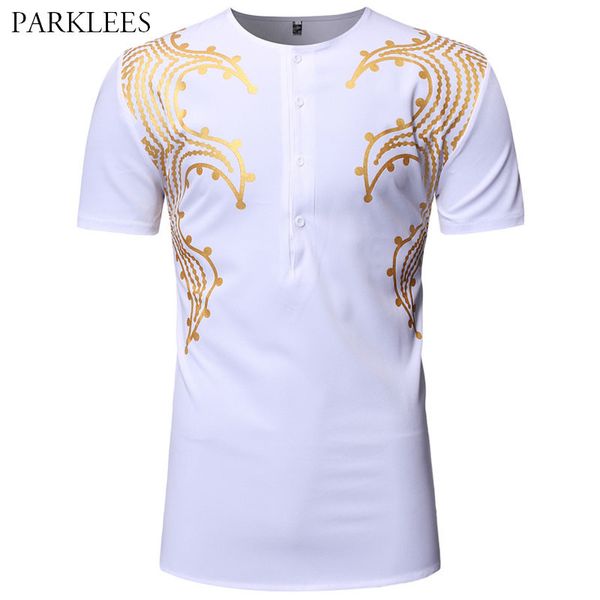 T-shirt a maniche corte da uomo con stampa floreale africana metallizzata di lusso T-shirt Dashiki oro per uomo Casual Taglie forti Abbigliamento uomo 210524