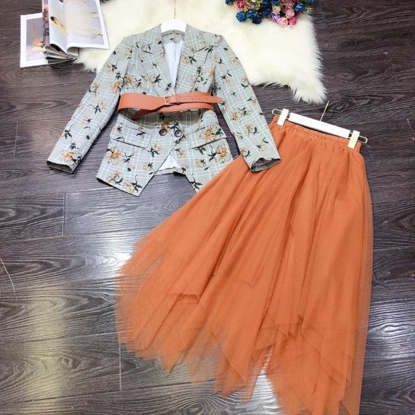 

two piece dress women office 2 outfits 2021 autumn winter designer brand fashion floral print belted plaid blazer + mesh skirt suits sets, White