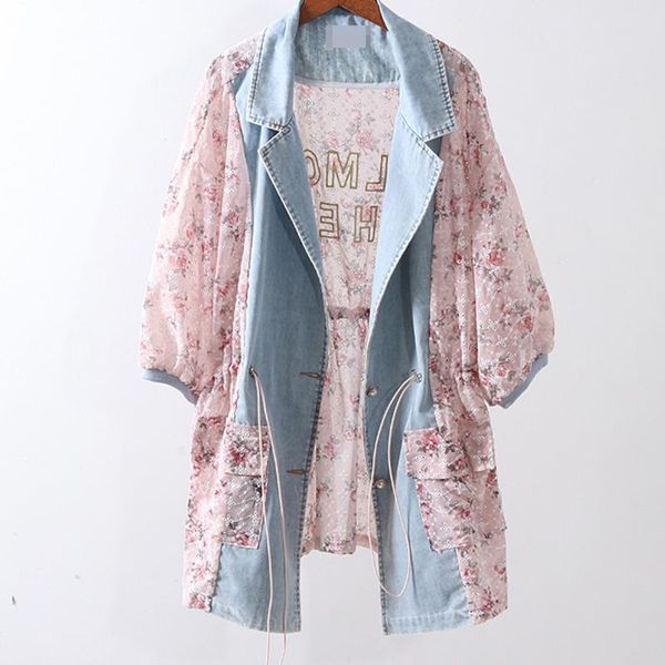 

women's jackets [ewq] summer 2021 denim jacket ladies thin section loose fashion lace stitching batwing sleeve overcoats qb149, Black;brown