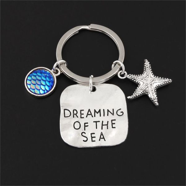 

10pcsea dream starfish keychain deep bule fish scales pendant keyring fit women jewelry handcrafts e2582, Silver