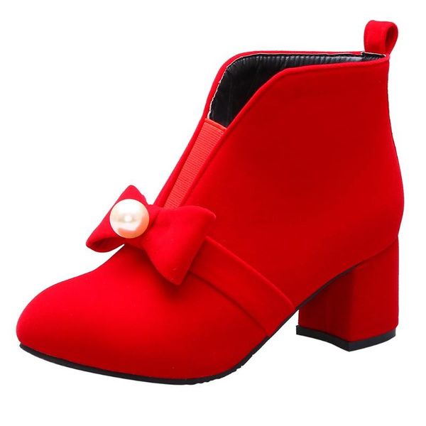 

boots women winter shoes fashion heels butterfly pearl pure color short square booties, Black