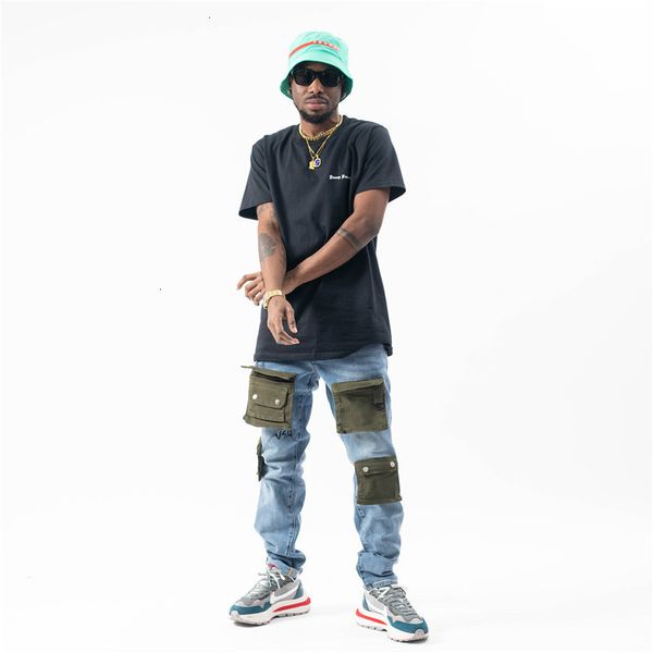 

am high street vintage three-dimensional multi pocket jeans men's hip hop fashion slim leggings, Blue