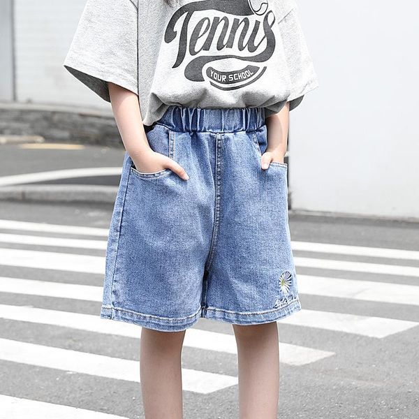 

shorts children's cotton denim girls' embroidered wide-leg three-quarter pants summer thin big kids, Black