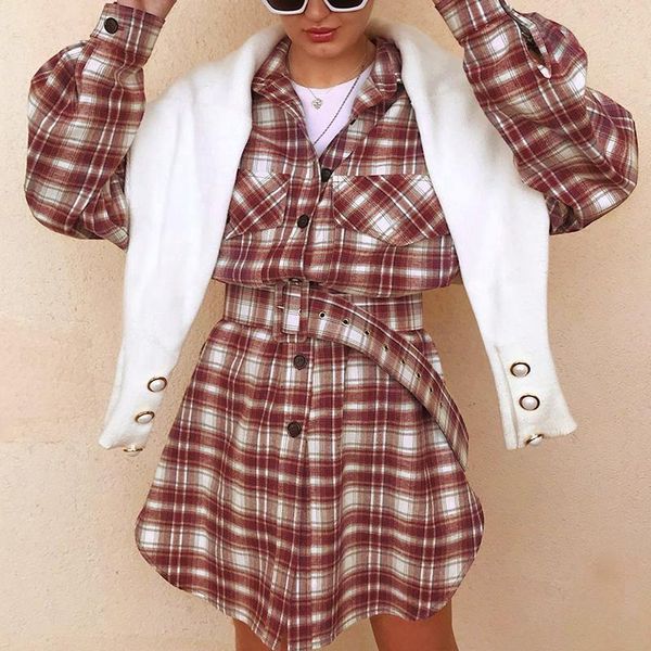 

casual dresses straight shirt collar dress women long sleeve high waist belt plaid streetwear 2021 button pocket, Black;gray