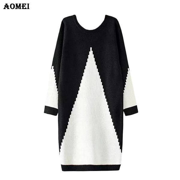 Abito maglione donna bianco e nero Midi Inverno lavorato a maglia manica lunga Moda casual Femme Robes Abiti da ufficio Abbigliamento donna 210416