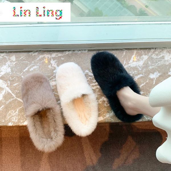 

linling furry mules shoes women wool closed toe slippers indoor home soft plush lining half winter warm slides ins, Black