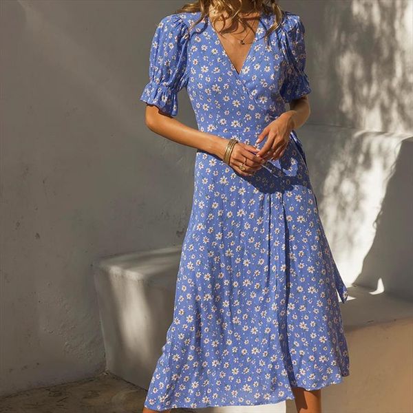 

summer casual floral printed womens dress v neck short sleeve belted slim vestidos, Black;gray