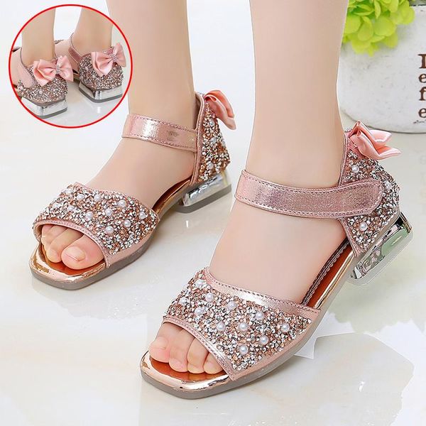 

sandals summer kids princess sweet girls glitter bow heels soft non-slip children's dance party wedding crystal shoes size 26-36, Black;red
