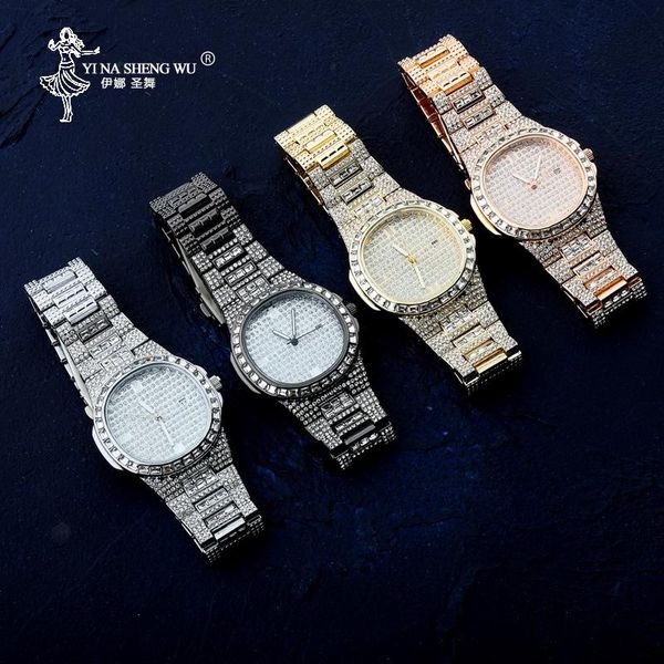 

wristwatches iced out rhinestones watch quartz gold silver color micro paved hip hop personality stainless steel watches relogio masculino, Slivery;brown