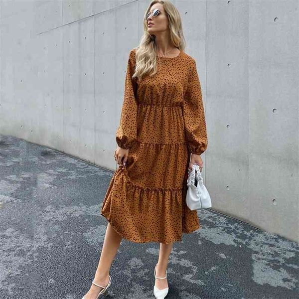

holiday spring dot print long maxi dress elegant sleeve ruched women party ladies ruffles tunic a line dresses femme robe 210520, Black;gray