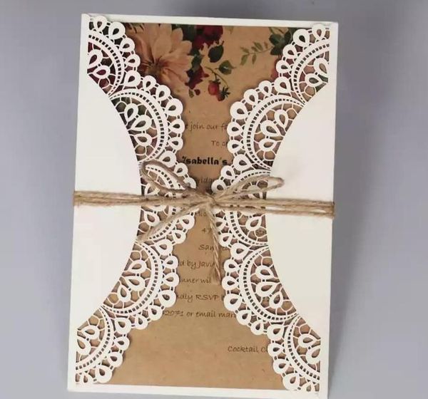 

2021 off white lace wedding invitations set rsvp cards included rustic kraft paper invitation cards - set of 50 pcs