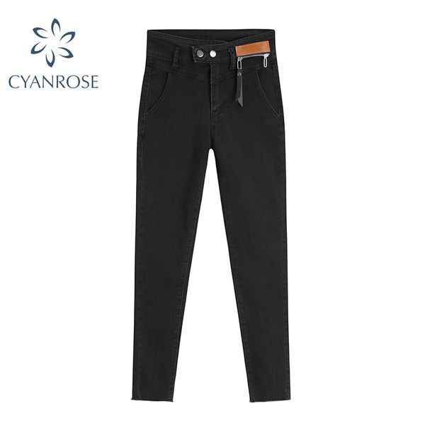 Pantaloni di jeans neri Pantaloni di jeans a matita con design con cerniera stile streetwear Pantaloni di corsetto da cowboy coreano a vita alta femminile 210417