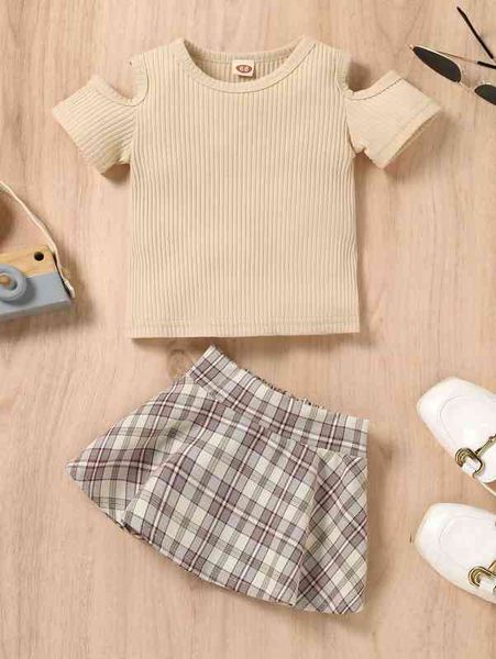 

baby cold shoulder tee & plaid print skirt she, White