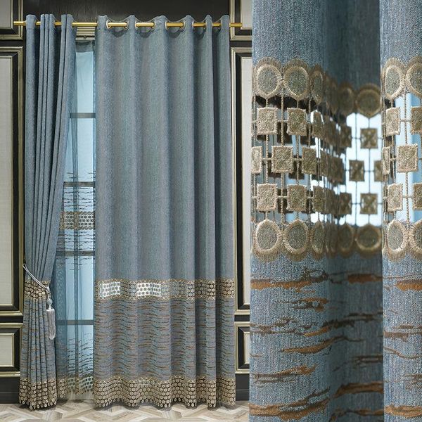 

curtain & drapes stitching blue lace bottom window for bedroom luxury geometric hollow out embroidery curtains living room