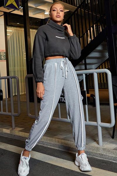 

women patchwork sport pants spring autumn adults high waist trousers with drawstring slant pocket long women's & capris, Black;white