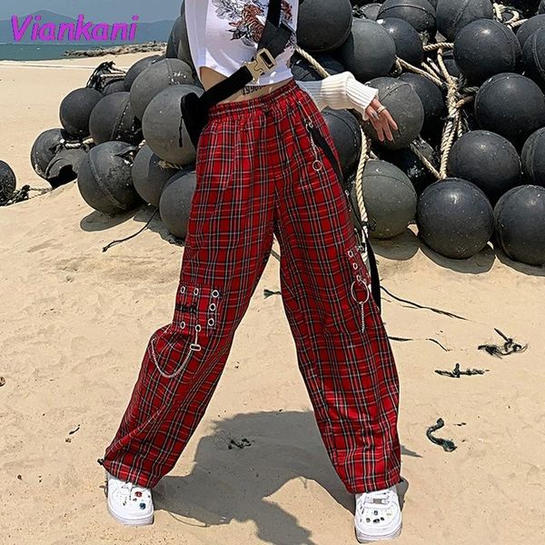 

women's pants & capris punk cargo women harajuku red plaid pant 2021 hip hop checkered trousers streetwear goth emo grunge clothes high, Black;white