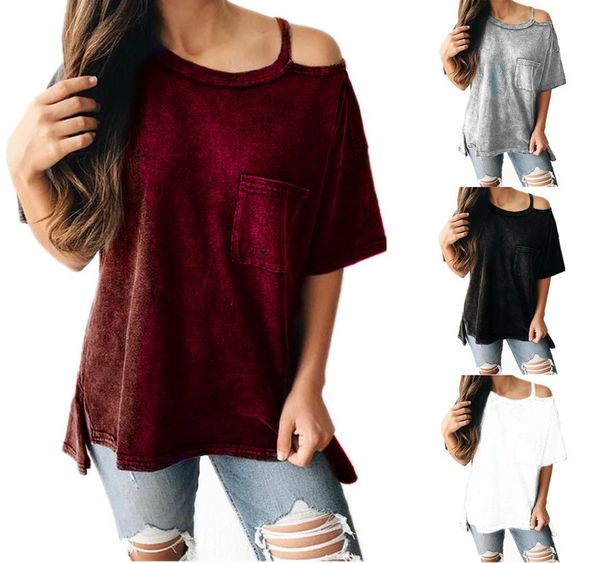 

2021 summer diagonal shoulder strap split short sleeve t-shirt, White