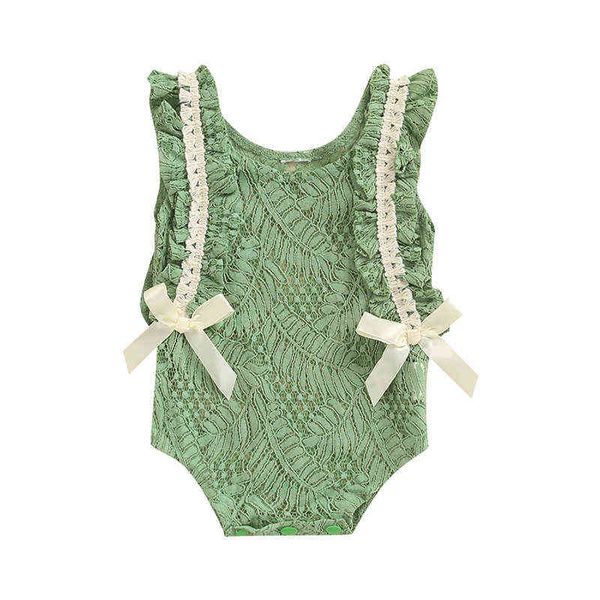 

newborn baby girl summer jumpsuit, sleeveless round neck lace ruffled bow romper clothes g220223, Blue