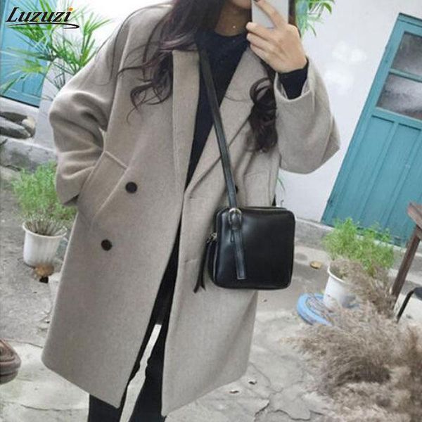 

women's wool & blends luzuzi women autumn woolen coat warm long sleeve turn-down collar outwear jacket 2021 winter casual elegant overc, Black
