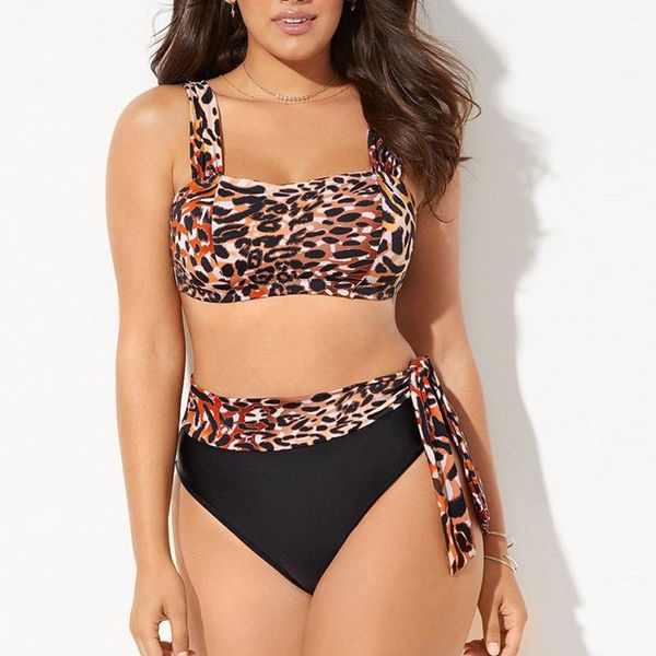 

women's swimwear fashion leopard print splicing split halter large size 2021 push up padded bikini set beachwear mujer, White;black