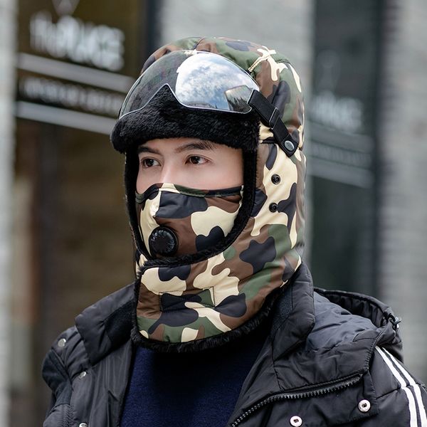 Unisex Kamuflaj Kış Şapkaları Maske Bombacı Şapka Ile Rusya Trapper Kap Erkek Gözlük Faux Kürk Earflap Kap