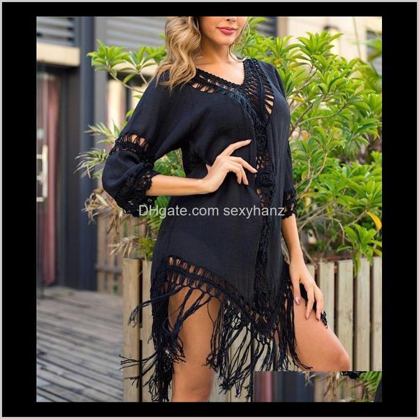 

womens clothing apparel drop delivery 2021 tassel cover ups tunic swimsuit beach dress tropical hollow out beachwear black backless summ, White;black
