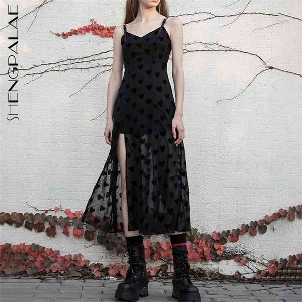 

shengpllae chiffon suspender dress women's summer v-neck love printed high waist slim split maxi dresses 5c818 210427, Black;red