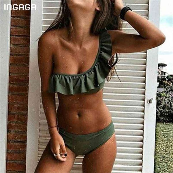 

ingaga bikini set one shoulder swimsuit ruffle swimwear women bikinis biquini maillot de bain femme beachwear 210407, White;black