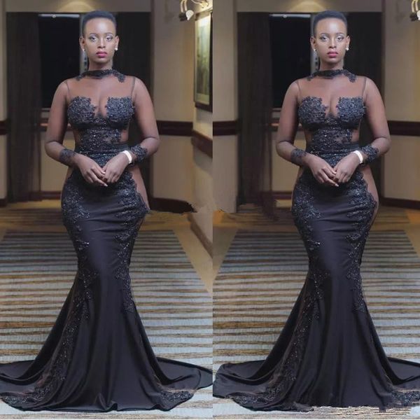 

illusion prom dresses appliqued lace beads mermaid evening dress long sleeves sweep train formal party wear custom made robe de mariÃ©e, Black;red