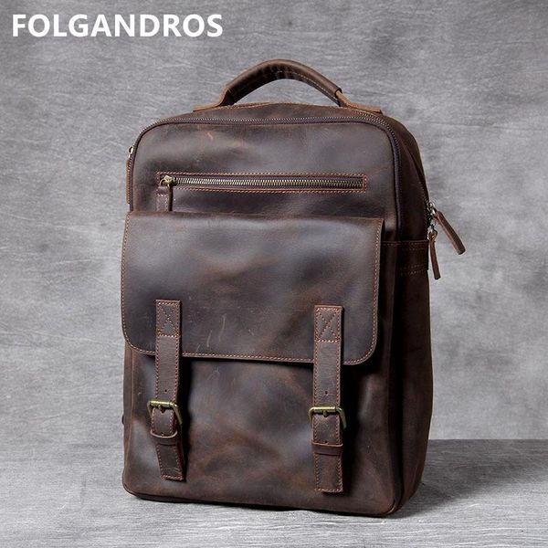 

backpack brand soft cowhide male vintage casual genuine leather double shoulder bag 14'' lapschool daypack