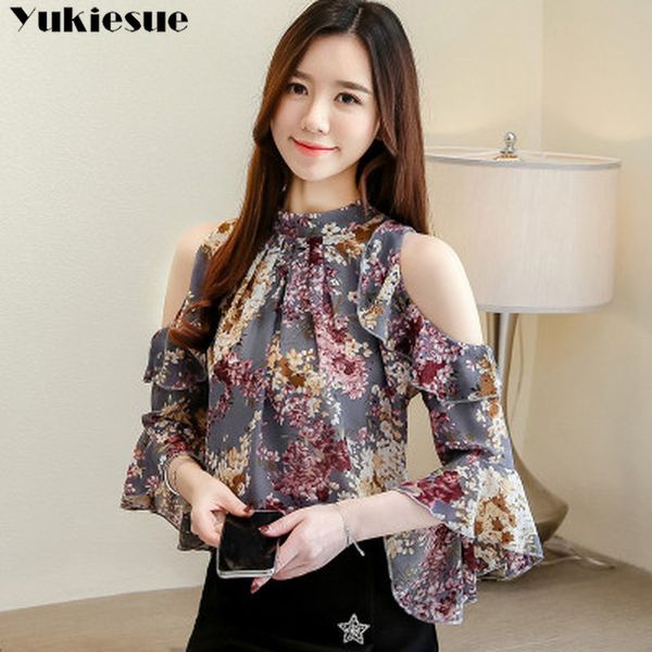 

blouse women ladies floral chiffon blouse for off shoulder ruffles stand butterfly sleeve blusas plus szie 210518, White