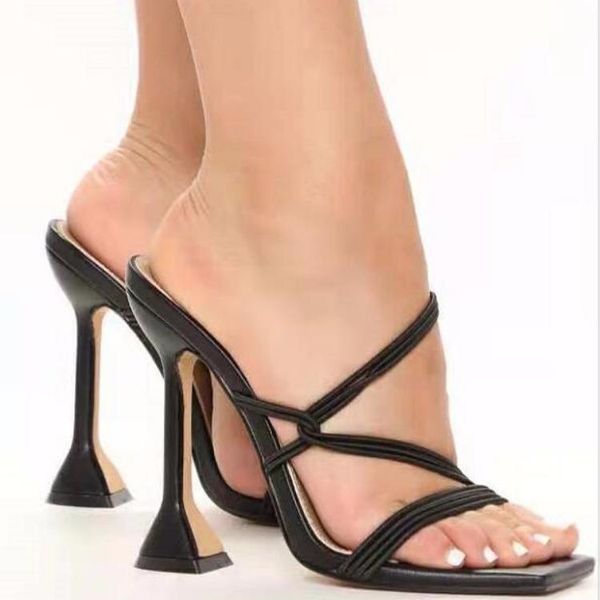 

dress shoes vintage square toe womens slippers summer mules sandals fashion narrow band high heels slides ladies 41, Black