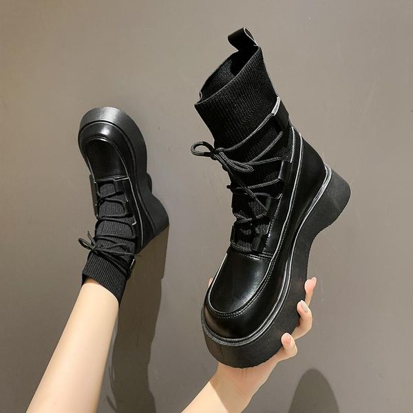 

boots fashion 2021 women autumn winter female round toe platform lacing ladies ankle short motorcycle, Black