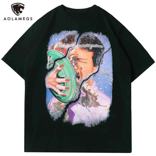 

men's polos aolamegs t-shirt of sad men boy-colored painting printed man t-shirt summer casual baggy high street fashion streetwear, White;black