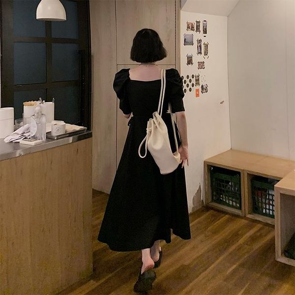 

casual dresses dress women summer fashion elegant french style loose puff sleeve high waist solid simple retro hollow out vestido feminino, Black;gray