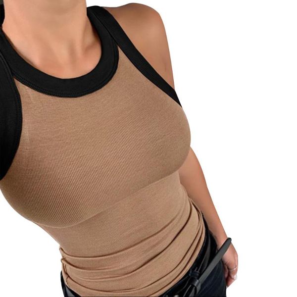 

women's tanks & camis 2021 fashion color block short casual o neck crop tank ladies slim fit vest cami racerback, White