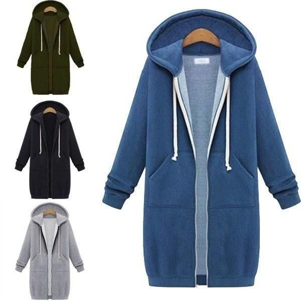 

women's jackets mulheres com zper jaqueta longa casaco casual solto cor slida outerwear hoodies senhoras manga prida bolso capuz moleto, Black;brown
