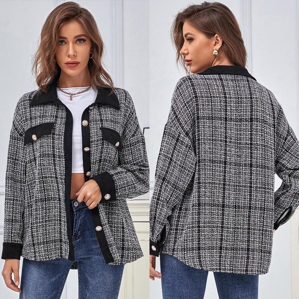 

women's wool & blends women plaid patchwork casual elegant coat spliced woman jacket blouse coats and jackets, Black