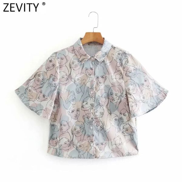 

women fashion abstract portrait print breasted blouse office lady flare sleeve casual shirts chic chemise ls9135 210420, White