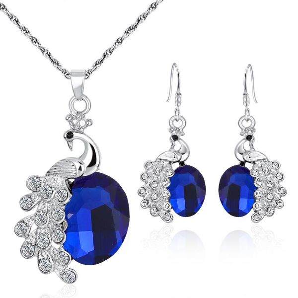 

earrings & necklace gifts sales luxury peacock animal design fashion silver color filled colorful austrian crystal drop jewelry sets women