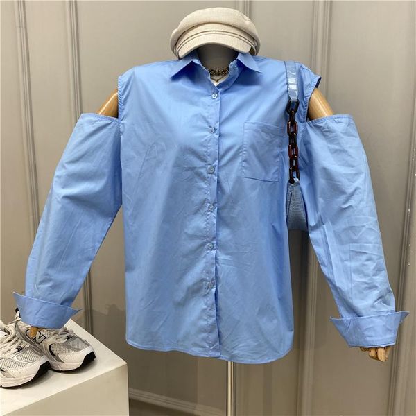 

women's blouses & shirts [ewq] autumn 2021 simple long sleeve hollow off shoulder blue shirt single-breasted turn-down collar plus size, White