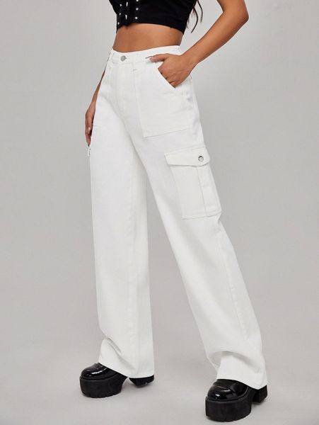 

high waist flap pocket wide leg jeans l0v7#, Blue