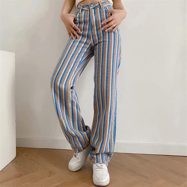 

women's pants & capris 2021 chromatic stripe high waist jeans torn loose show thin straight wide-legged mop the floor female trousers, Black;white