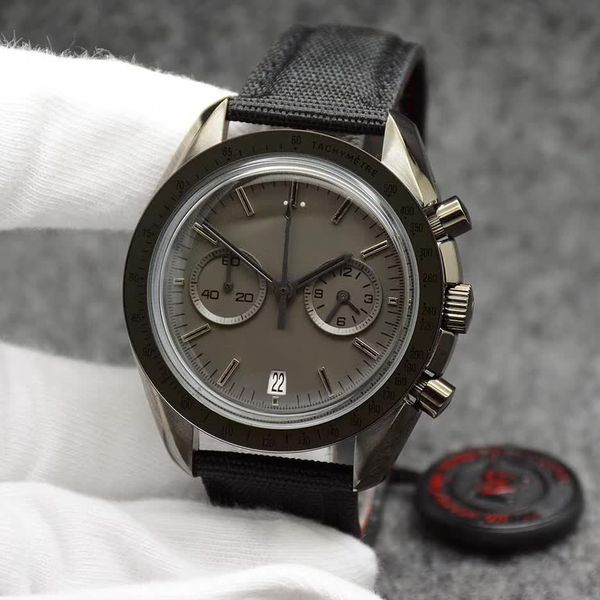 

44mm quartz chronograph gray dial mens wat moonwatch black leather strap dark side of the ring showing tachymeter markings, Slivery;golden