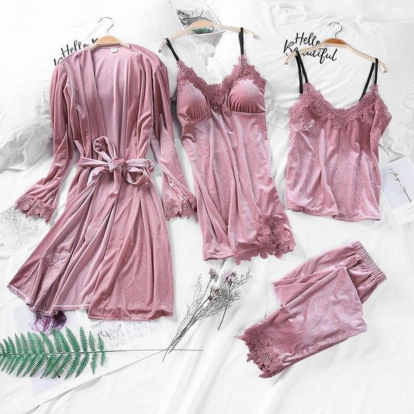 

women's sleepwear roupa de dormir feminina, pijama vermelho escuro veludo para primavera, 4 peÃ§as, dormir, kimono, robe, vestido banho, Black;red