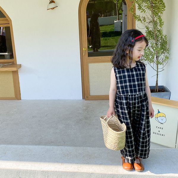 

girls summer sleeveless plaid bodysuits baby girl cool wide leg overalls 1-7y 210508, Blue