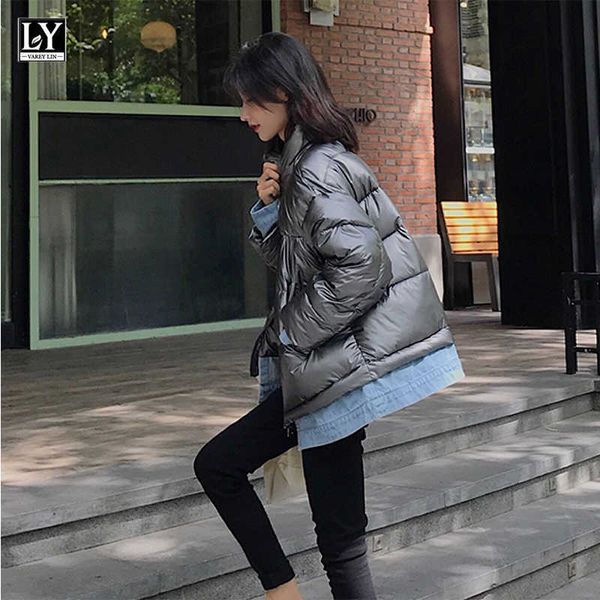 

ly varey lin cotton coats autumn winter denim patchwork stand collar zipper pockets warm korean style padded jackets 210526, Black
