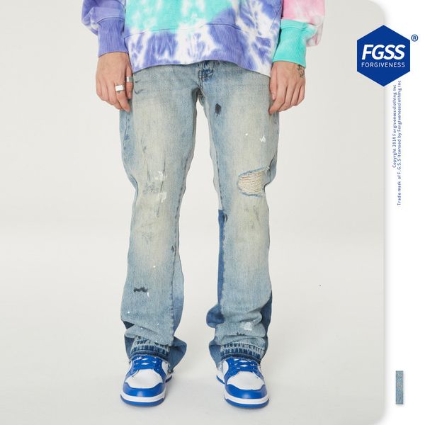 

jeans fgss men's wear | 2021 autumn and winter fashion br h-painted graffiti hole wide foot casual for men women, Blue