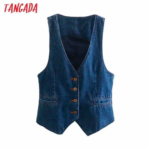 

tangada arrival women vintage denim waistcoat pocket jacket sleeveless female 4m09 210609, White